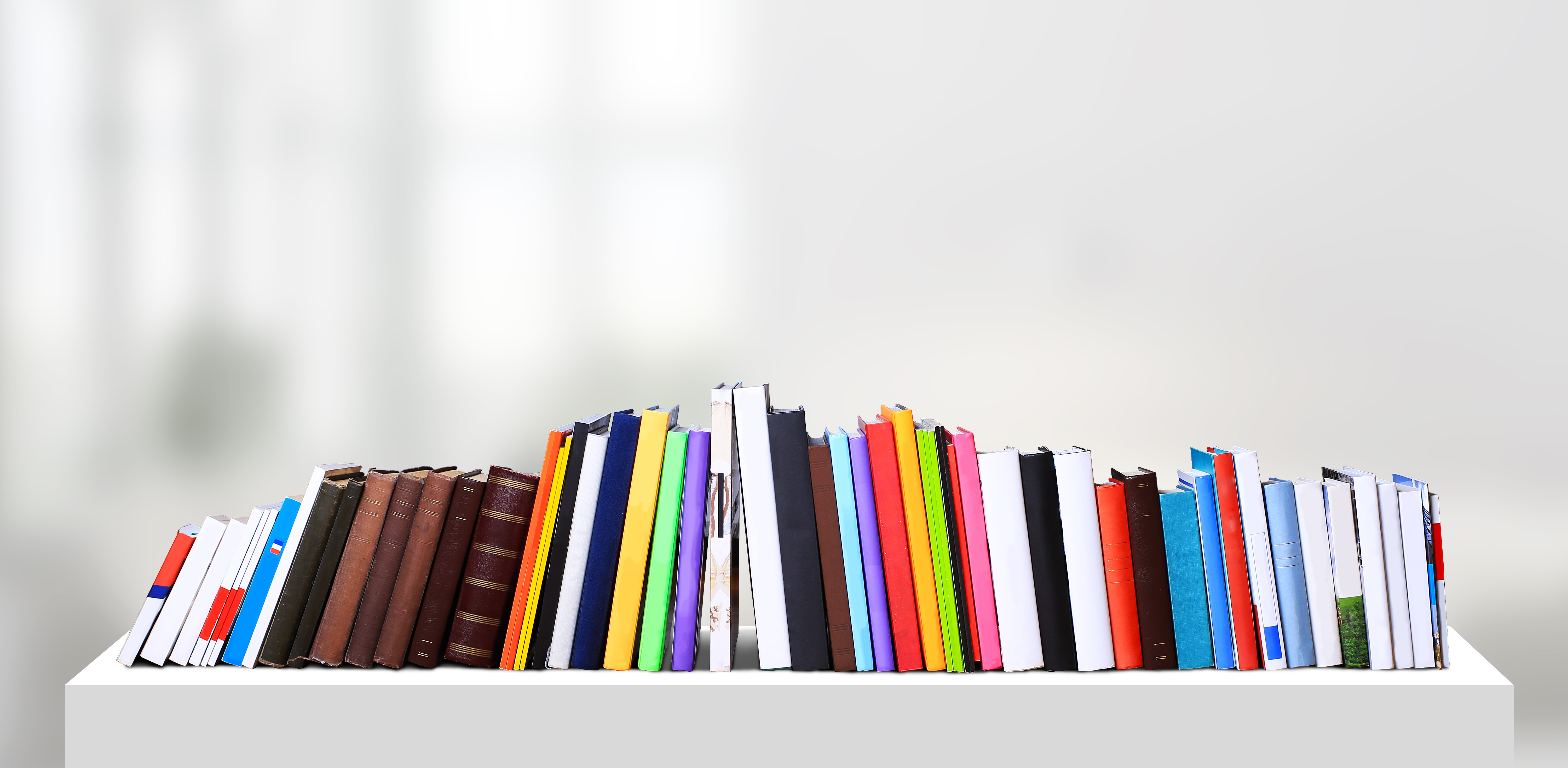 Books and magazines in different colours and sizes standing in a row